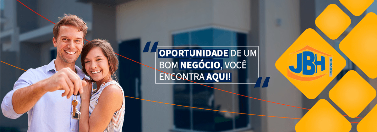 Do lado esquerdo tem um homem e uma mulher abraçados, o homem esta segurando uma chave. Ao centro, texto: 'oportunidade de um negócio, você encontra aqui!'. A direita, logo da JBH